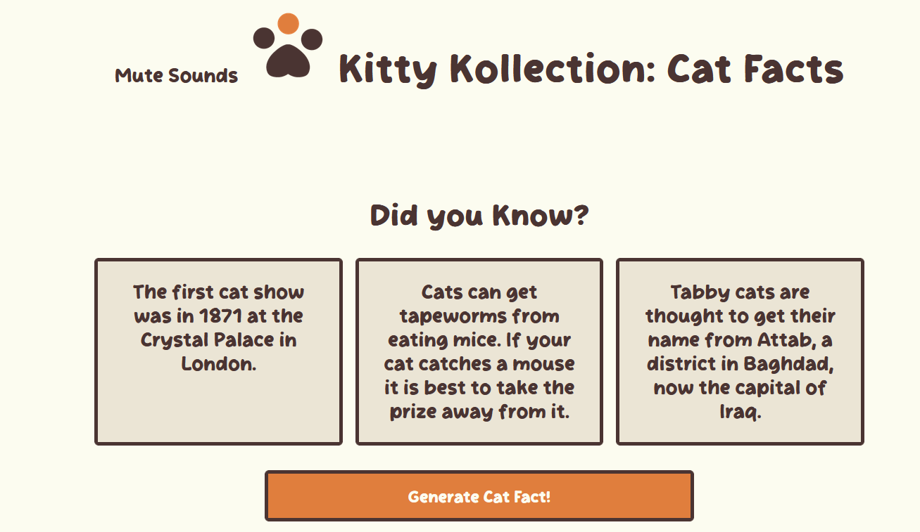 Example of Kitty Kollection, showing three cat facts.