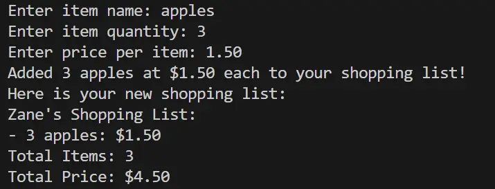 Example of CLI Shopping List, showing adding items to the shopping list.